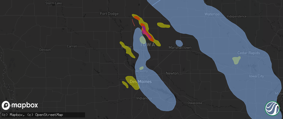 Hail map in Huxley, IA on July 20, 2026