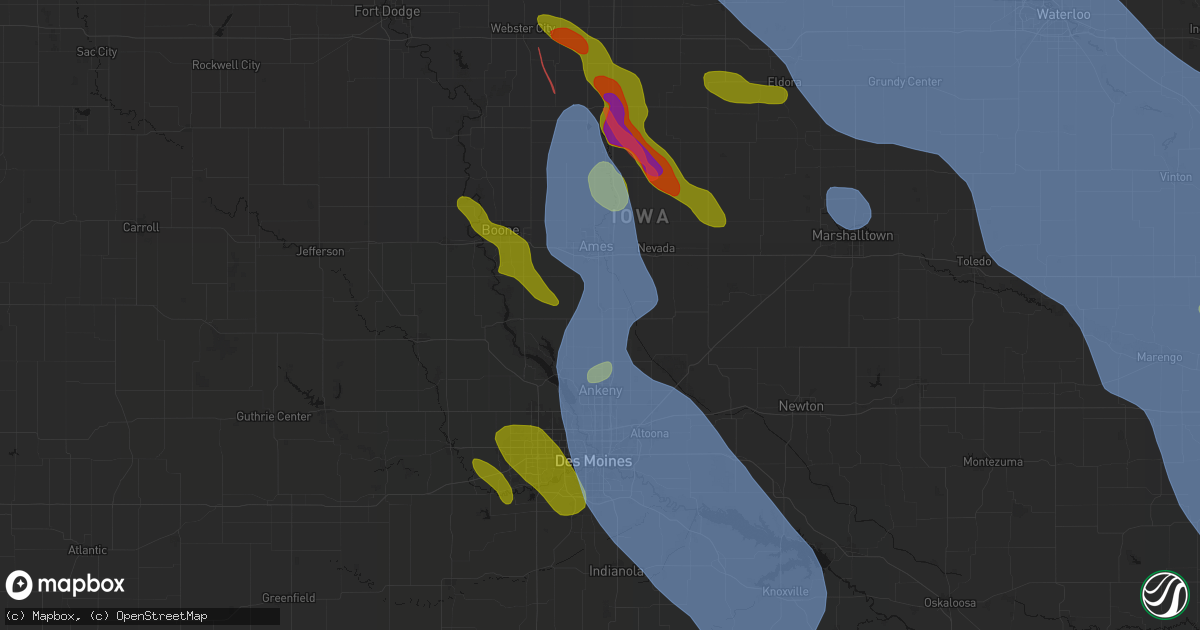 Hail map in Huxley, IA on July 20, 2026