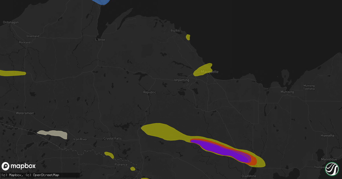 Hail map in Ishpeming, MI on July 20, 2026