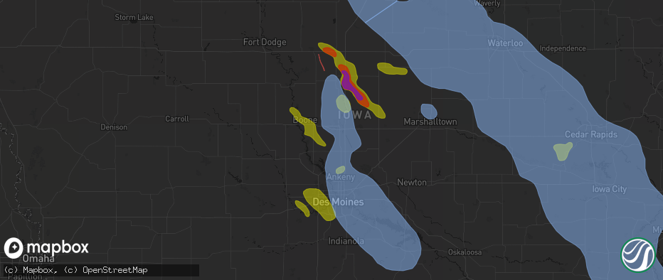 Hail map in Kelley, IA on July 20, 2026