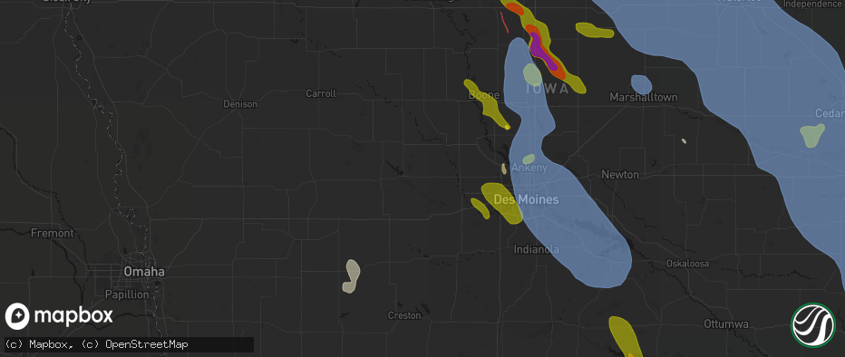 Hail map in Linden, IA on July 20, 2026