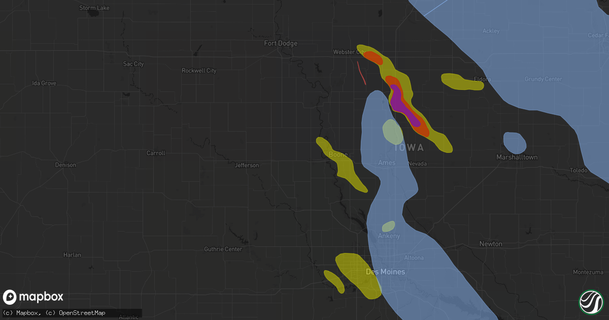 Hail map in Ogden, IA on July 20, 2026