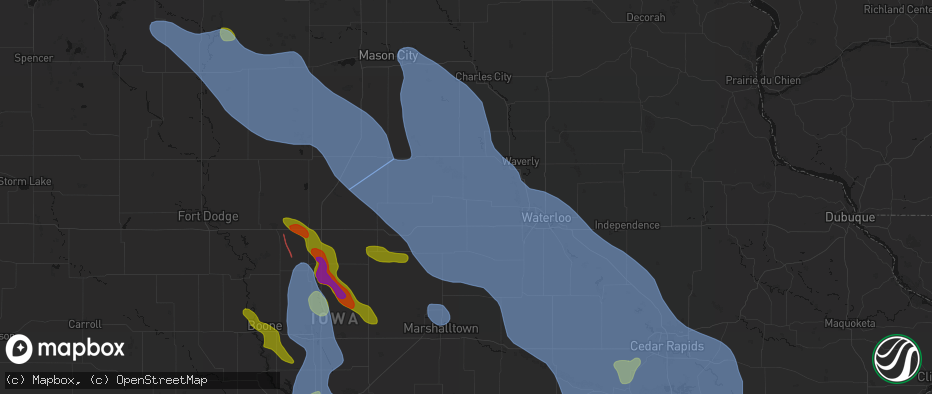 Hail map in Parkersburg, IA on July 20, 2026