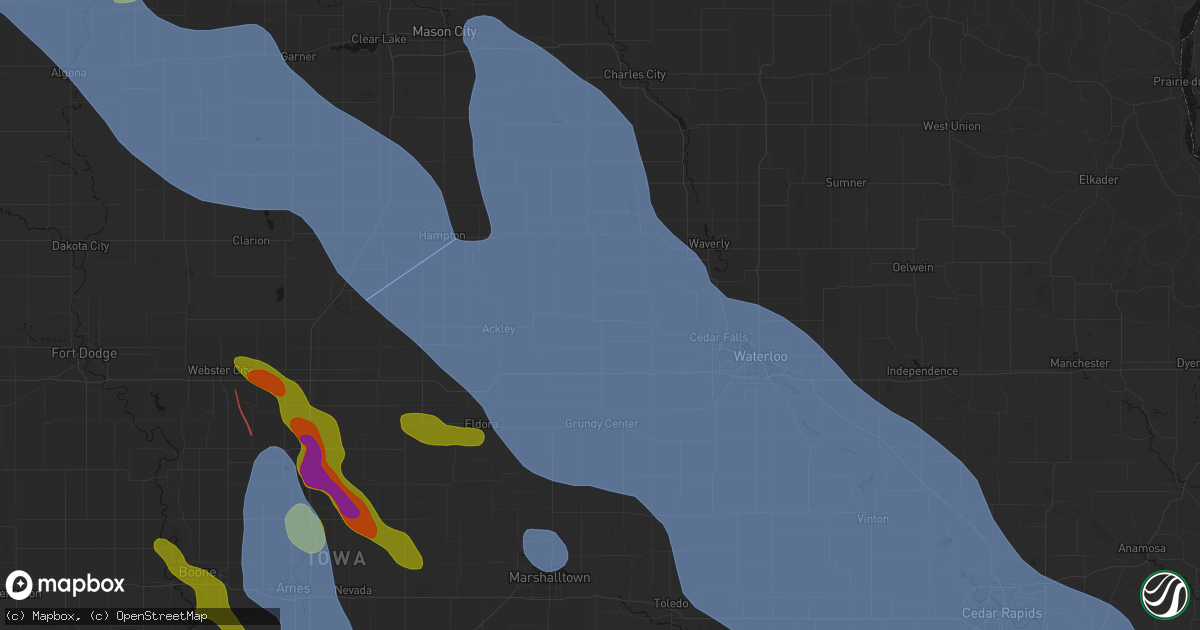 Hail map in Parkersburg, IA on July 20, 2026
