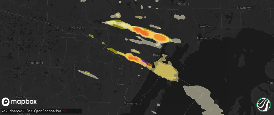 Hail map in Powers, MI on July 20, 2026