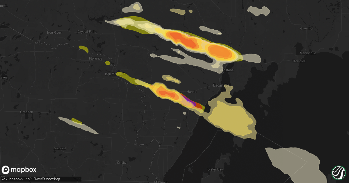 Hail map in Powers, MI on July 20, 2026