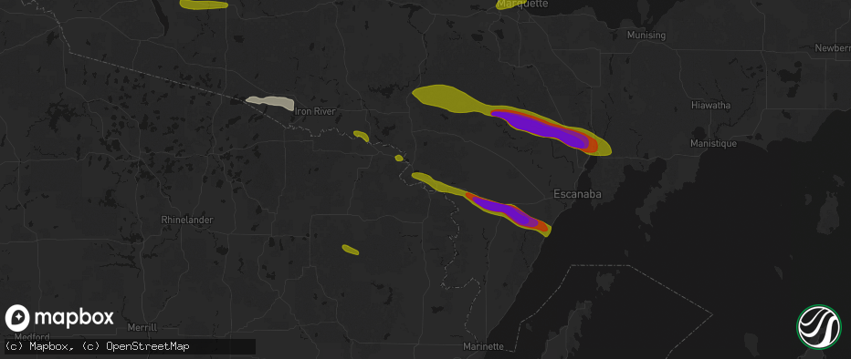 Hail map in Quinnesec, MI on July 20, 2026