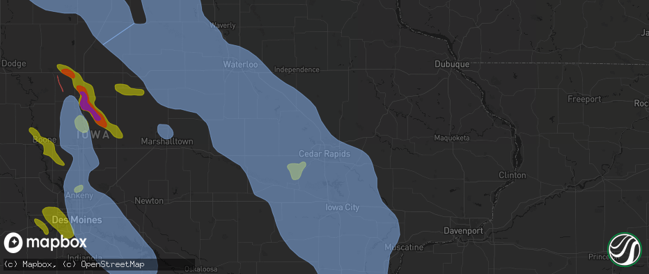 Hail map in Robins, IA on July 20, 2026