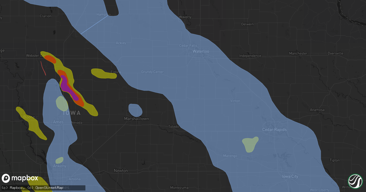 Hail map in Traer, IA on July 20, 2026