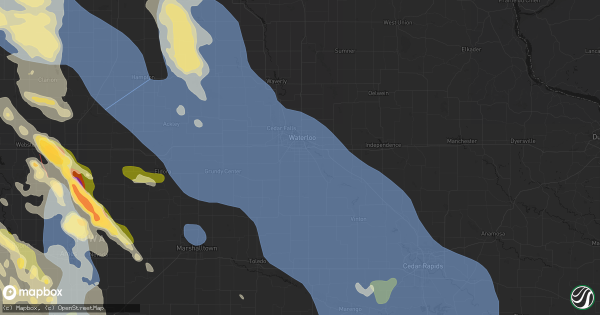 Hail map in Waterloo, IA on July 20, 2026