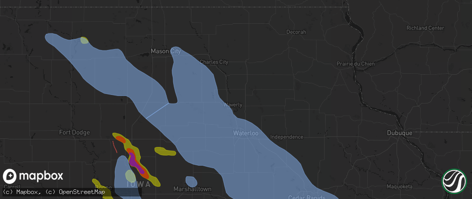 Hail map in Waverly, IA on July 20, 2026