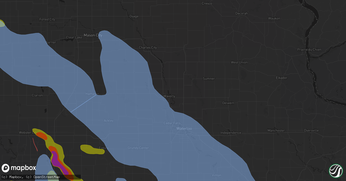 Hail map in Waverly, IA on July 20, 2026