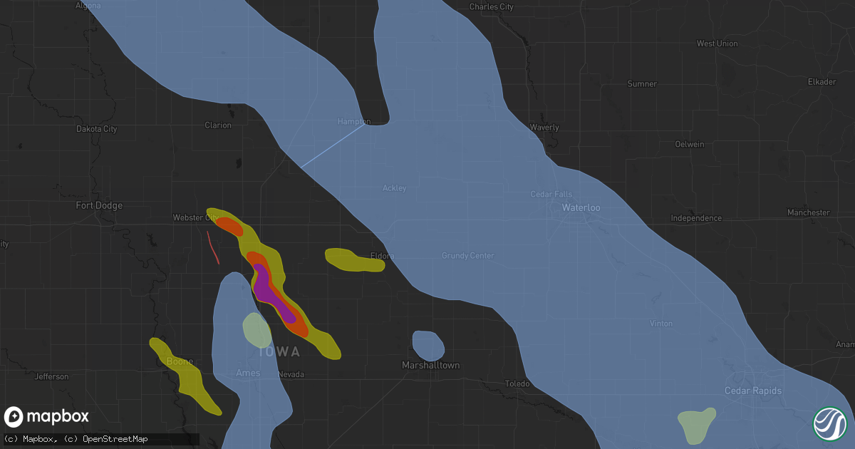 Hail map in Wellsburg, IA on July 20, 2026