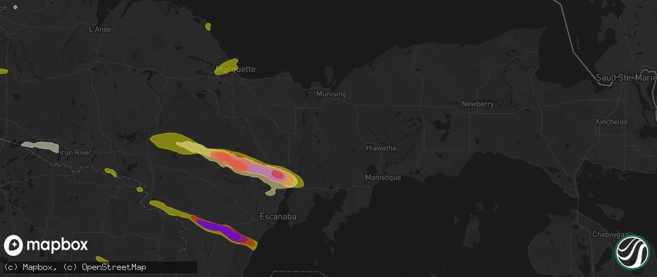 Hail map in Wetmore, MI on July 20, 2026