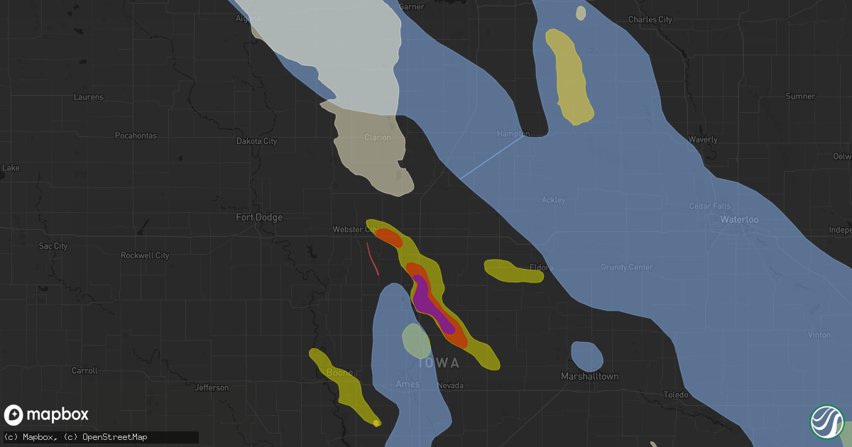Hail map in Williams, IA on July 20, 2026