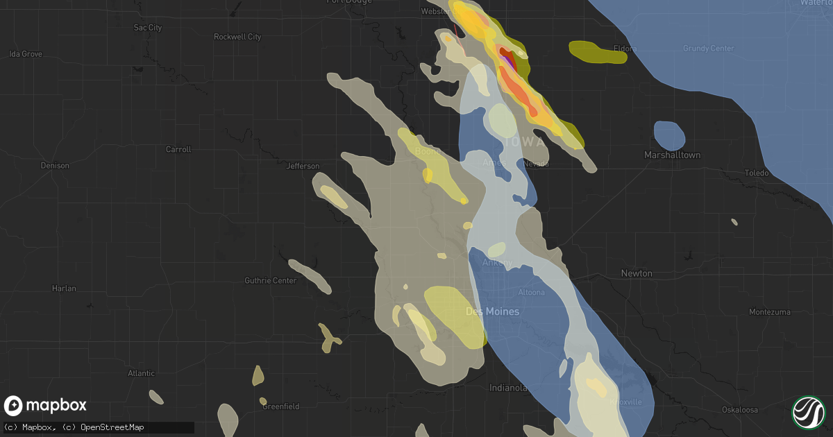 Hail map in Woodward, IA on July 20, 2026