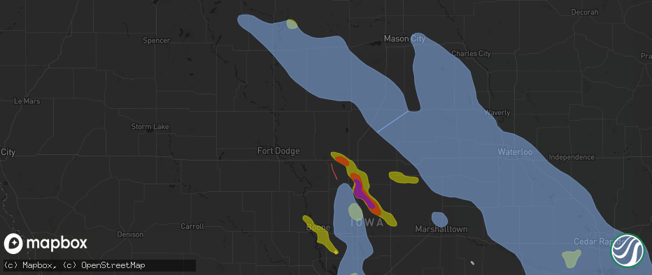 Hail map in Woolstock, IA on July 20, 2026