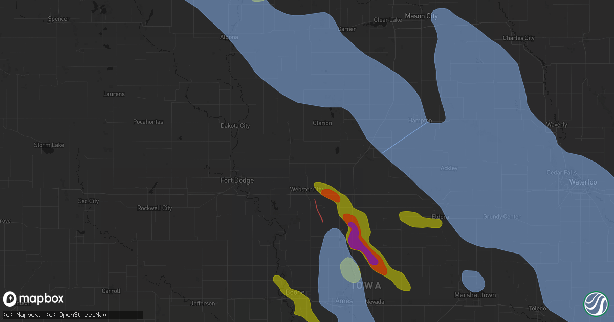Hail map in Woolstock, IA on July 20, 2026