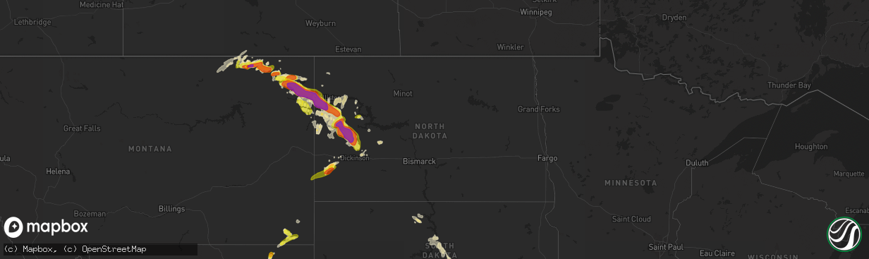 Hail map in North Dakota on July 21, 2018