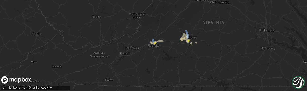 Hail map in Roanoke, VA on July 21, 2019