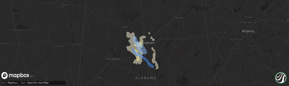 Hail map in Birmingham, AL on July 21, 2022