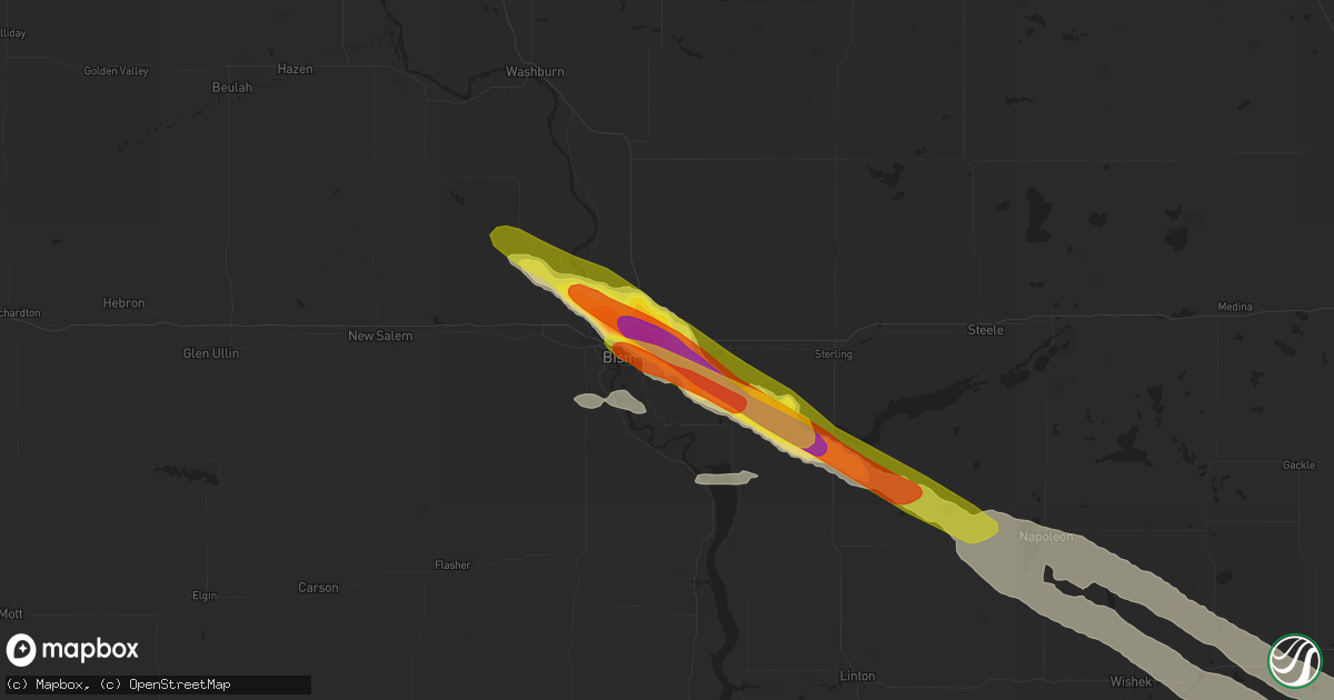 Hail map in Bismarck, ND on July 21, 2022