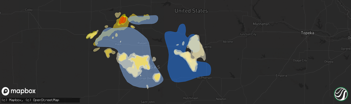 Hail map in Ellsworth, KS on July 21, 2025