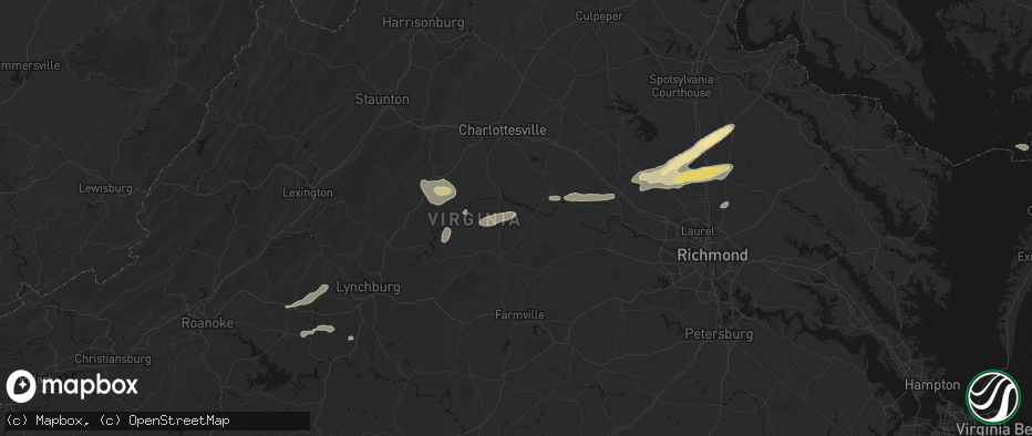 Hail map in Arvonia, VA on July 21, 2026