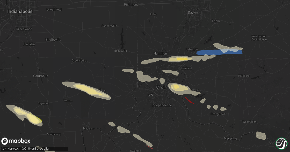 Hail map in Cleves, OH on July 21, 2026