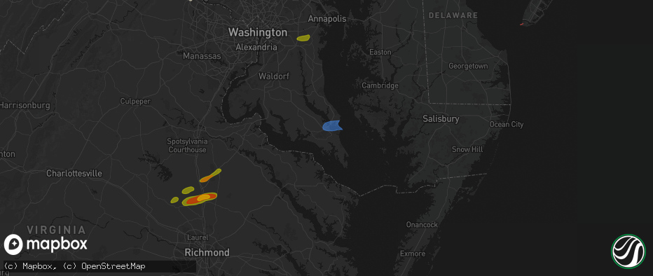 Hail map in Great Mills, MD on July 21, 2026