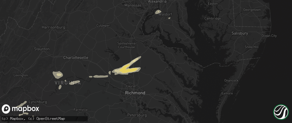 Hail map in Milford, VA on July 21, 2026