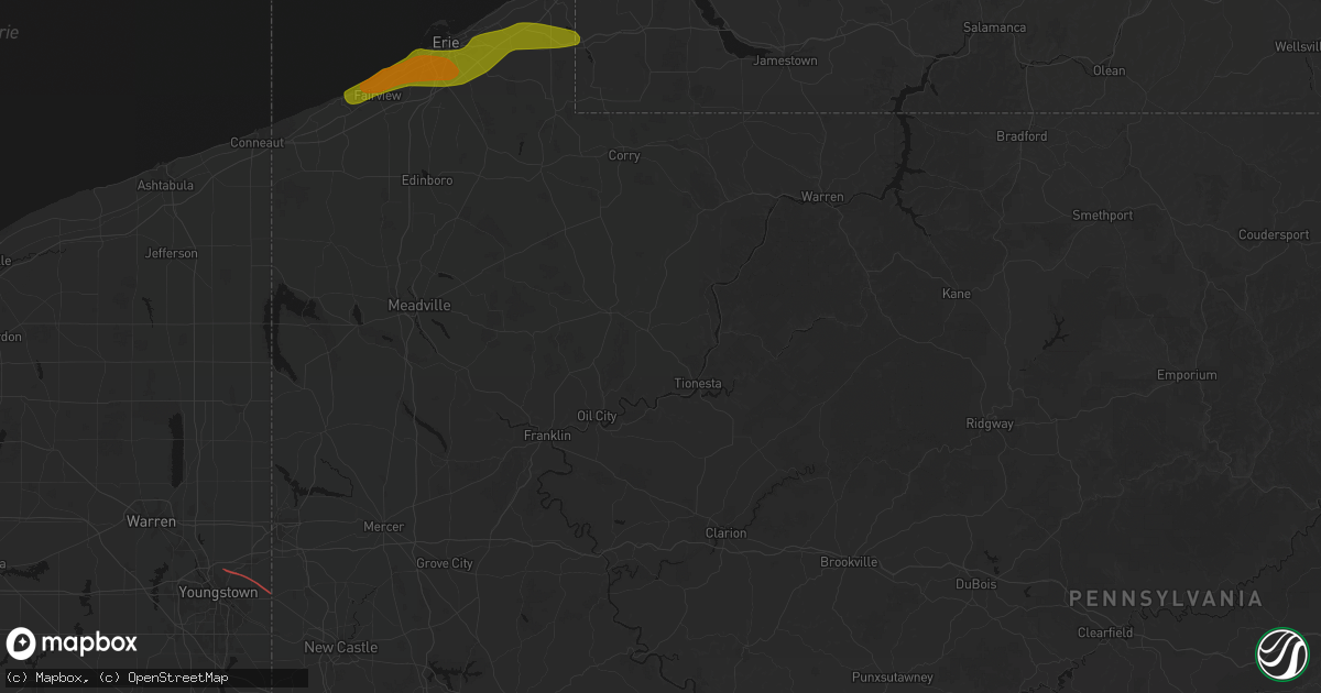 Hail map in Pleasantville, PA on July 21, 2026