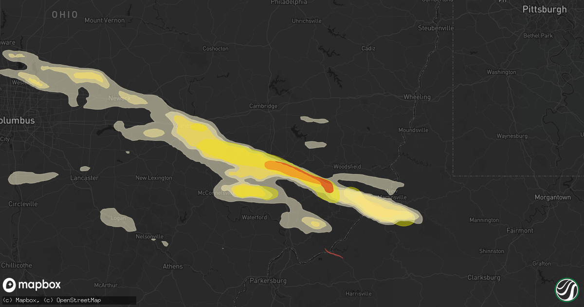 Hail map in Sarahsville, OH on July 21, 2026
