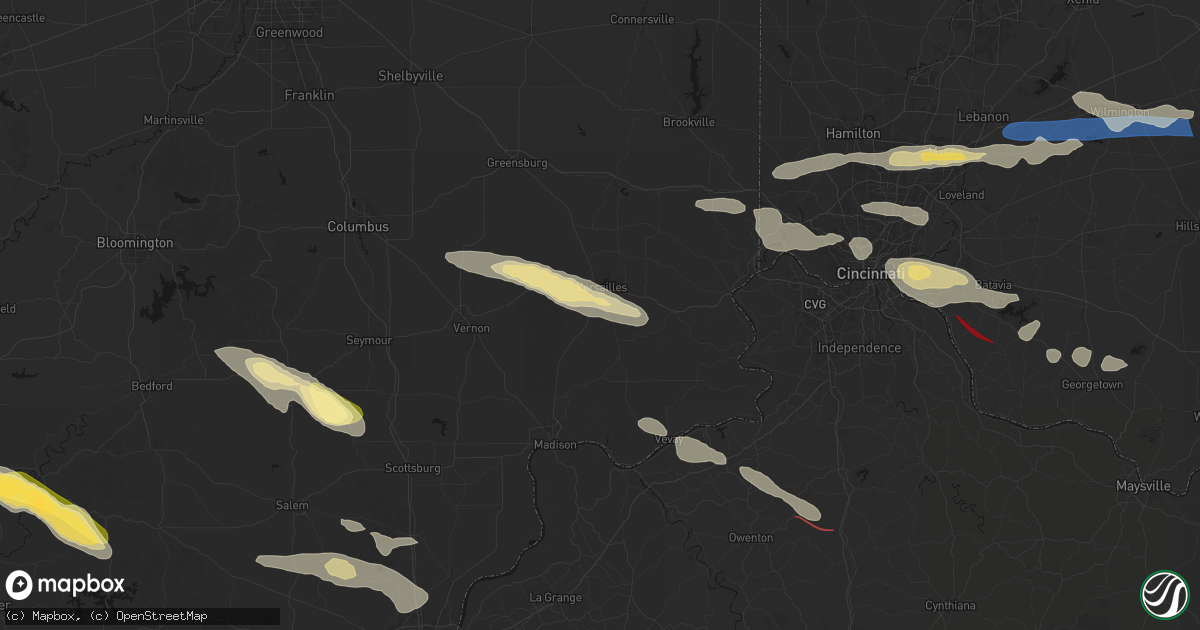 Hail map in Versailles, IN on July 21, 2026