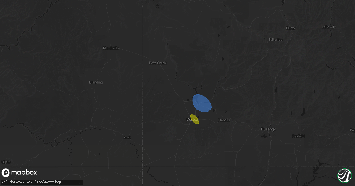 Hail map in Yellow Jacket, CO on July 21, 2026