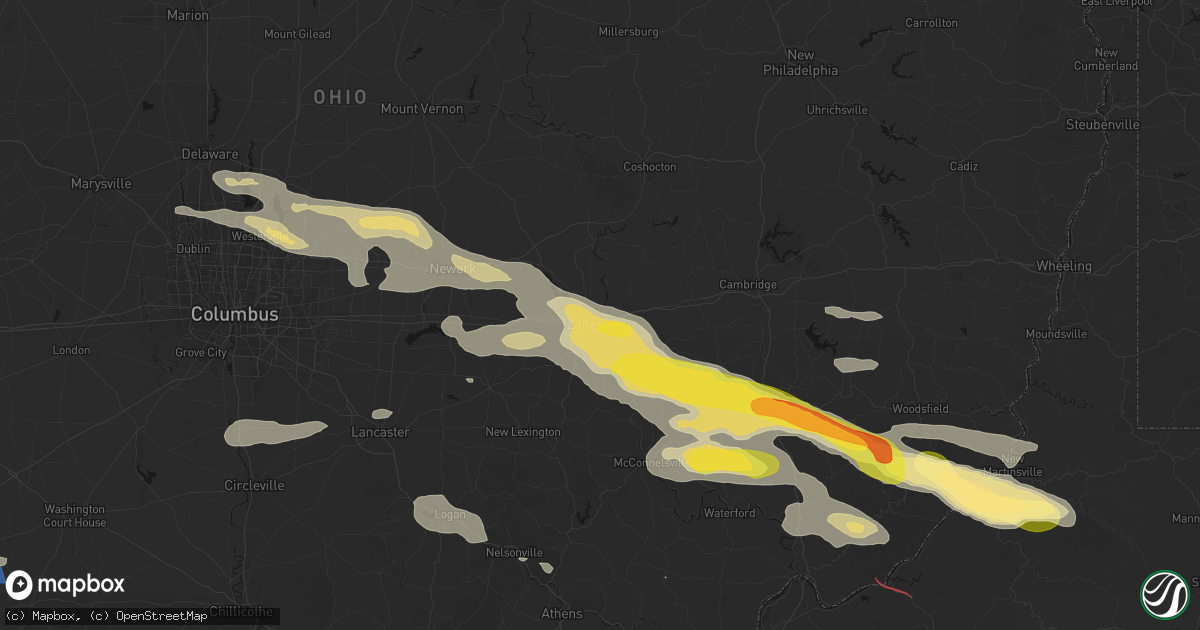 Hail map in Zanesville, OH on July 21, 2026