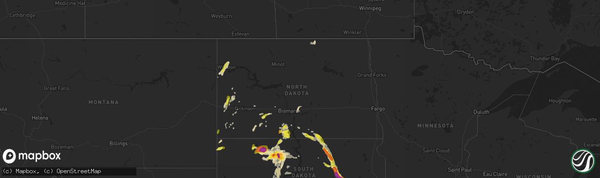 Hail map in North Dakota on July 22, 2016