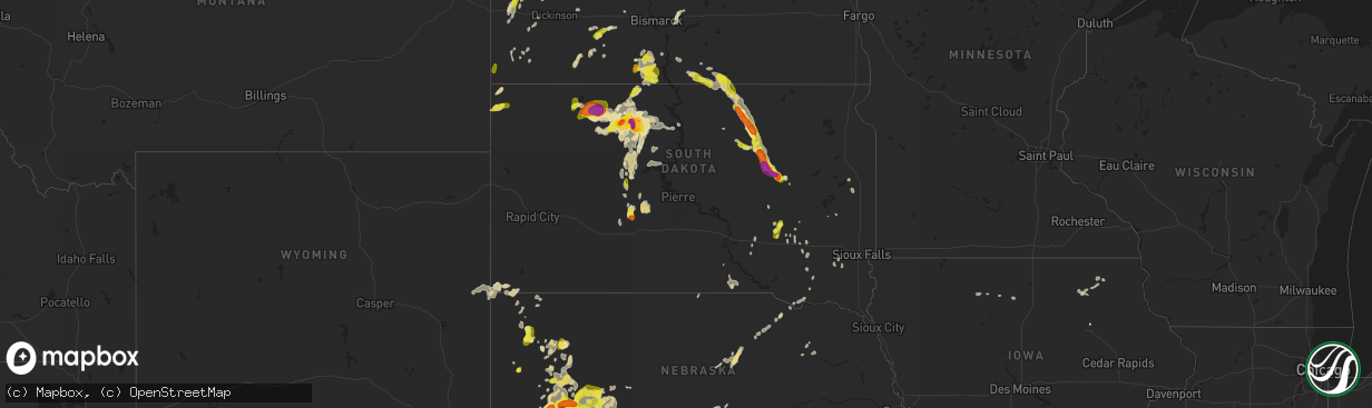 Hail map in South Dakota on July 22, 2016