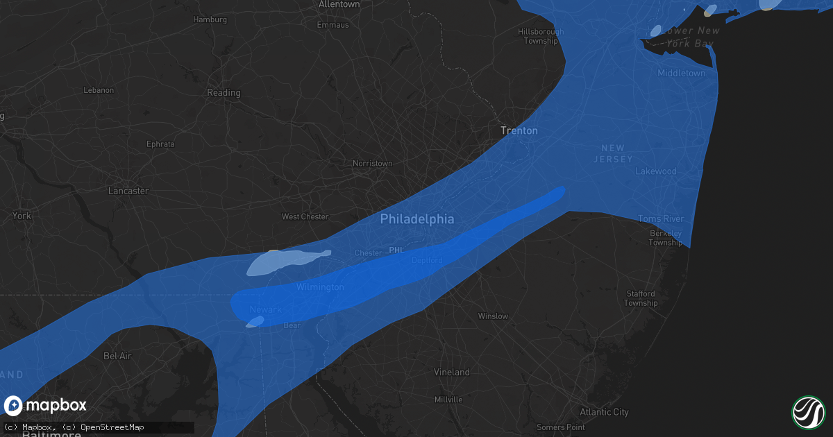 Hail map in Philadelphia, PA on July 22, 2019