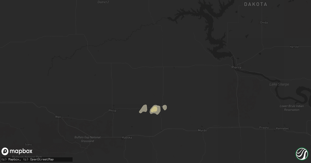 Hail map in Midland, SD on July 22, 2025