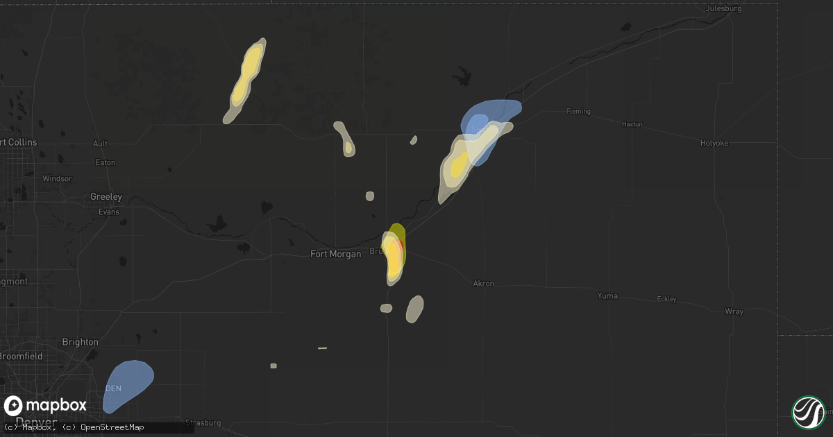 Hail map in Hillrose, CO on July 22, 2026