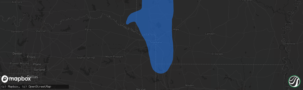 Hail map in Texarkana, TX on July 23, 2014