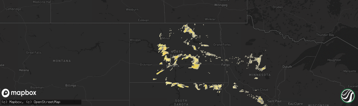 Hail map in North Dakota on July 23, 2015