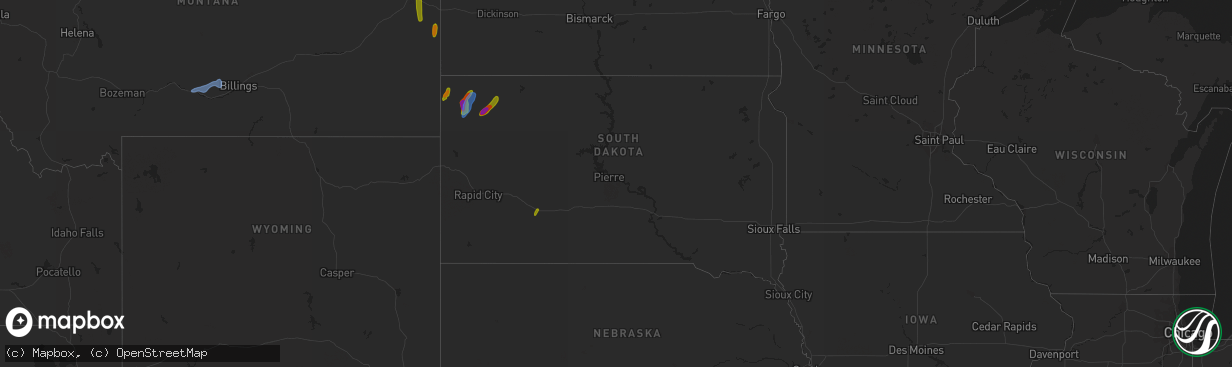 Hail map in South Dakota on July 23, 2020