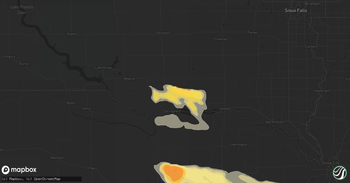 Hail map in Tyndall, SD on July 23, 2023