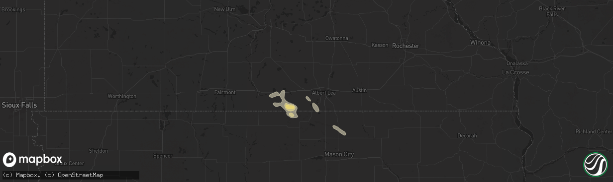 Hail map in Alden, MN on July 23, 2024