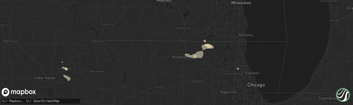 Hail map in Rockford, IL on July 23, 2024