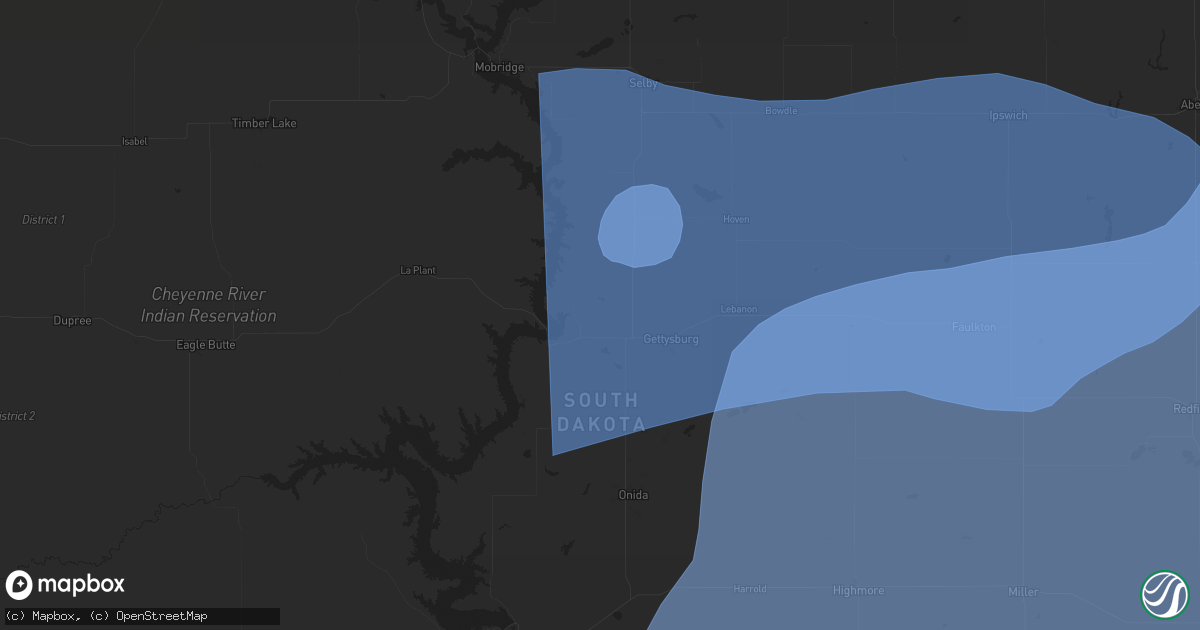 Hail map in Gettysburg, SD on July 23, 2025