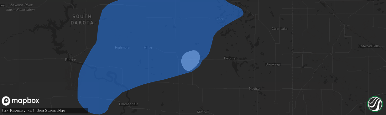 Hail map in Huron, SD on July 23, 2025