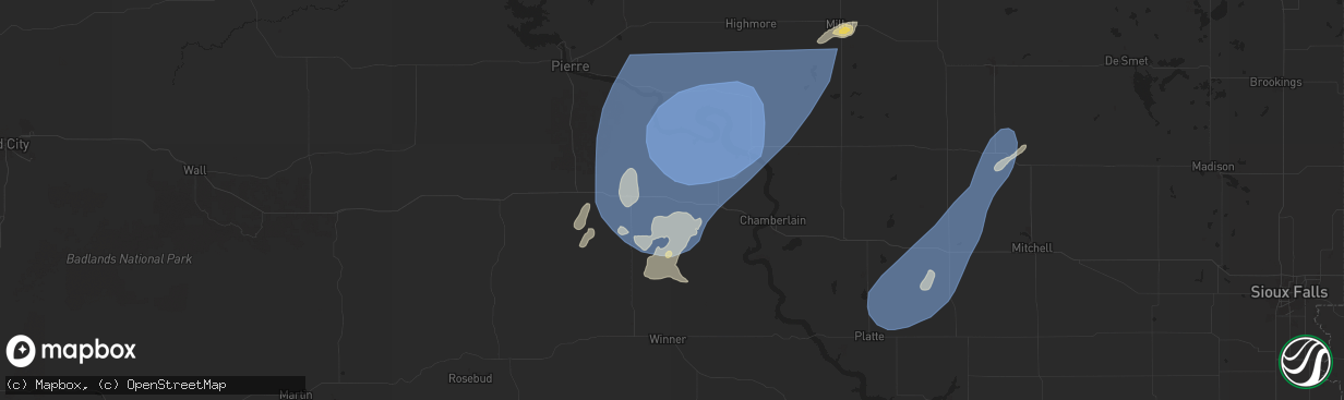 Hail map in Kennebec, SD on July 23, 2025